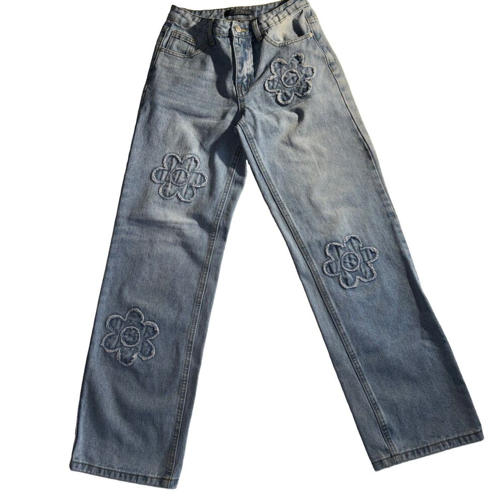 Cali 1850 Distressed Women's Blue Flower Power Jeans, Sze 1/25 Medium Wash Denim